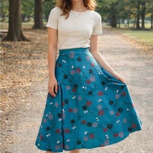 Vintage Handmade A-Line Flannel Skirt Abstract Cat & Yarn Ball Print Retro XS